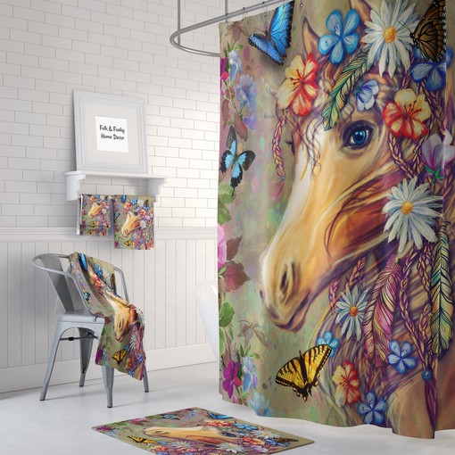 Gypsy Boho Horse Shower Curtain Set with Optional Bath, Towels and Mat