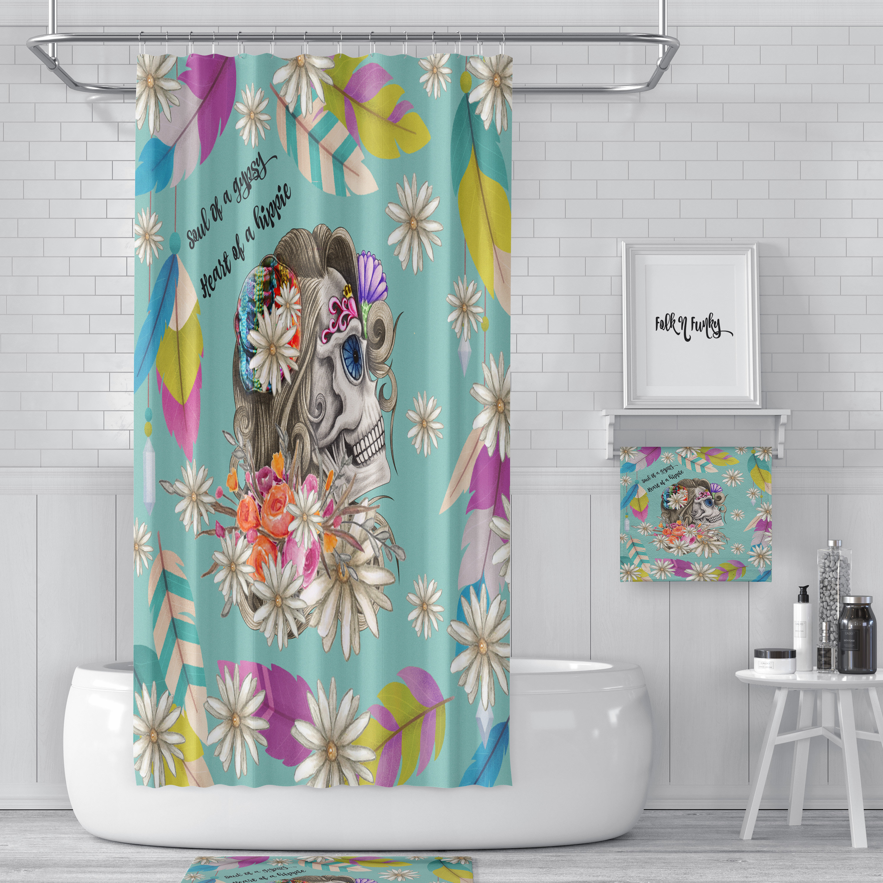 Gypsy Lady Skull Sugar Skull Shower Curtain with Colorful Bath Accessories for Unique Bathroom Decor