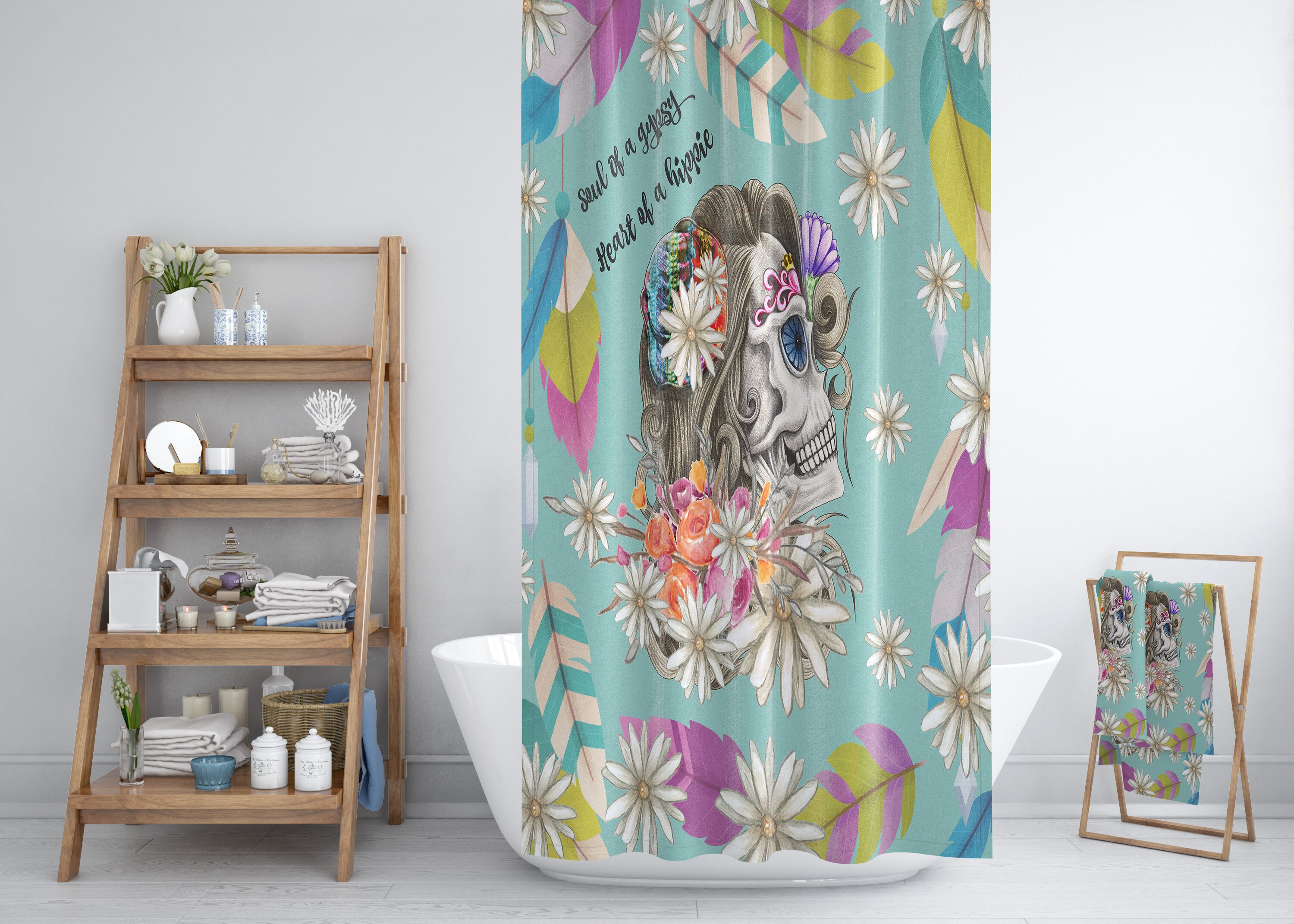 Gypsy Lady Skull Sugar Skull Shower Curtain with Colorful Bath Accessories for Unique Bathroom Decor - Image 2