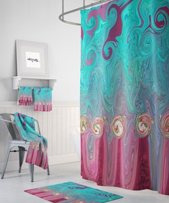 Gypsy Rose Boho Shower Curtain Set with Teal and Rose Design
