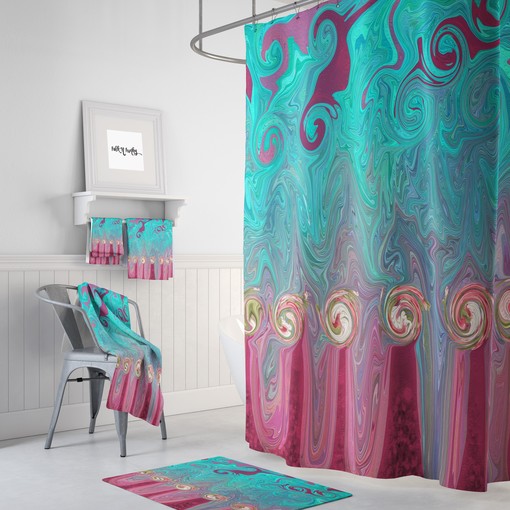 Gypsy Rose Boho Shower Curtain Set with Teal and Rose Design