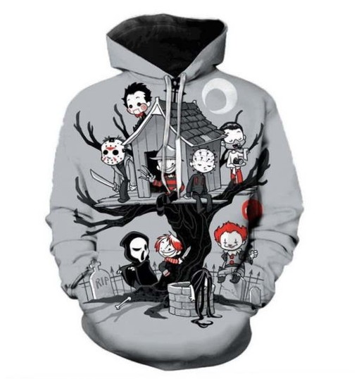 Halloween Horror Characters Cartoon Art All Over Print 3D Hoodie with Scary Cartoon Design