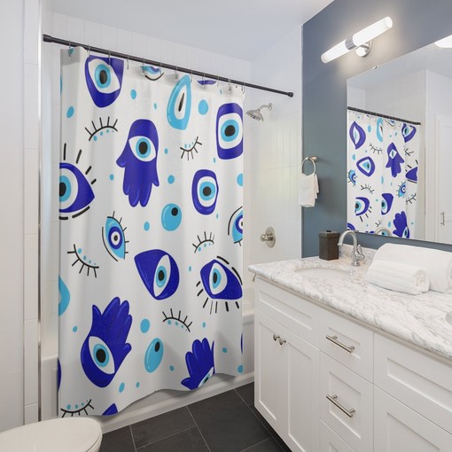 Hamsa Hand Print Shower Curtain | Unique Spiritual Bathroom Decor | Vintage Shower Curtains - Image 2