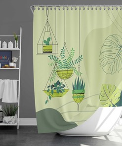 Hanging Basket Botanical Shower Curtain | Green Plants Leaves Fabric Bathroom Curtain and Shower Mat