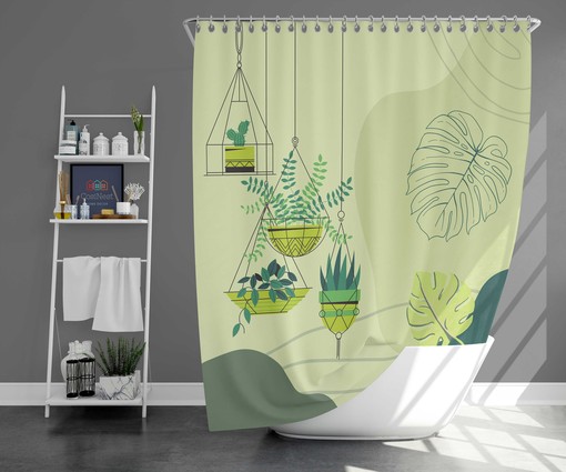 Hanging Basket Botanical Shower Curtain | Green Plants Leaves Fabric Bathroom Curtain and Shower Mat