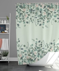 Hanging Green Vines Shower Curtain | Roses Eucalyptus Leaves | Fabric Bathroom Decor