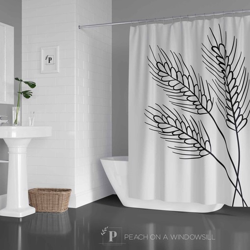 Harvest Wheat Black and White Boho Farmhouse Shower Curtain Set with Modern Design