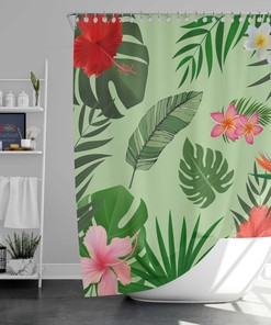 Hawaiian Summer Vibe Flower Shower Curtain, Palm Green Leaves Bathroom Curtain, Vintage Flair