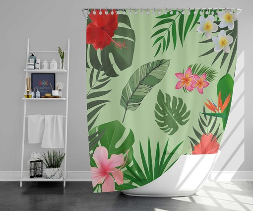 Hawaiian Summer Vibe Flower Shower Curtain, Palm Green Leaves Bathroom Curtain, Vintage Flair