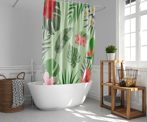 Hawaiian Summer Vibe Flower Shower Curtain, Palm Green Leaves Bathroom Curtain, Vintage Flair - Image 2