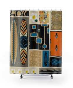Hawaiian Tiki Idol Tropical Mid Century Modern Durable Polyester Shower Curtain