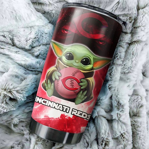 Heartwarming Cincinnati Reds MLB Tumbler with Cute Baby Yoda Design and Top-Quality MLB Logo - Image 2