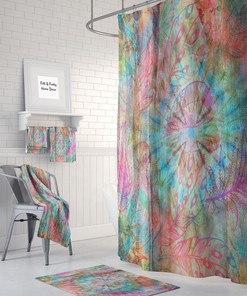 Hippie Boho Shower Curtain Set with Blowing Feathers Design for Boho Bathroom Decor