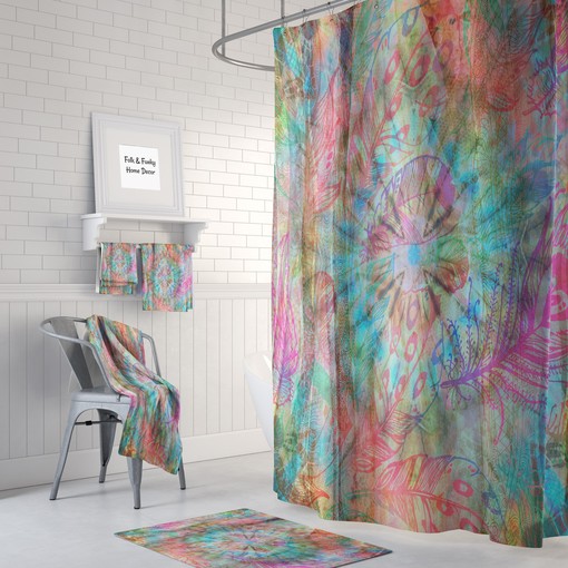 Hippie Boho Shower Curtain Set with Blowing Feathers Design for Boho Bathroom Decor