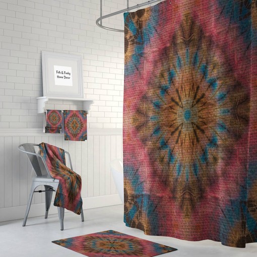Hippie Faux Tie Dye Shower Curtain with Optional Bath Mat for Bohemian Vibes