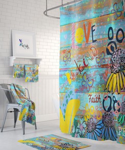 Hippie Graffiti Shower Curtain with Be Kind message and FolkNFunky Bathroom Decor for a Love Vibe