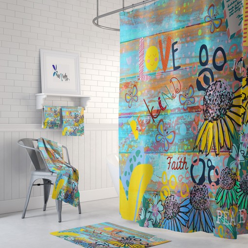 Hippie Graffiti Shower Curtain with Be Kind message and FolkNFunky Bathroom Decor for a Love Vibe