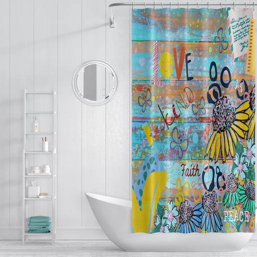 Hippie Graffiti Shower Curtain with Be Kind message and FolkNFunky Bathroom Decor for a Love Vibe - Image 2