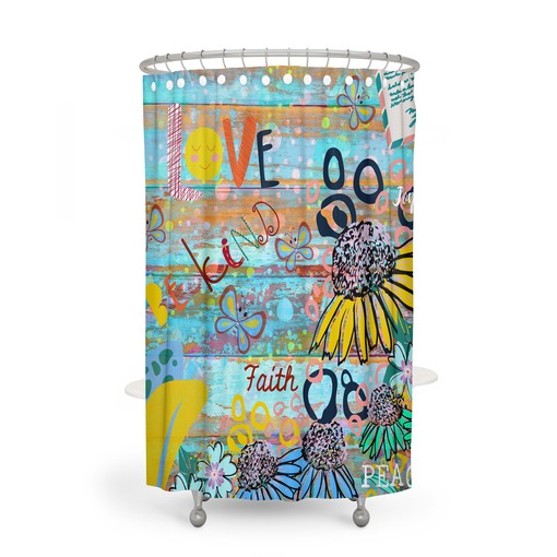 Hippie Graffiti Shower Curtain with Be Kind message and FolkNFunky Bathroom Decor for a Love Vibe - Image 3