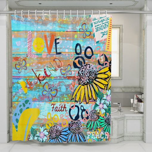 Hippie Graffiti Shower Curtain with Be Kind message and FolkNFunky Bathroom Decor for a Love Vibe - Image 4