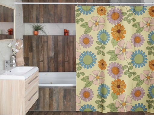 Hippie Inspired Retro Flower Shower Curtain, Tub Curtain with Vintage Bathroom Decor