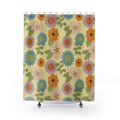 Hippie Inspired Retro Flower Shower Curtain, Tub Curtain with Vintage Bathroom Decor - Image 2