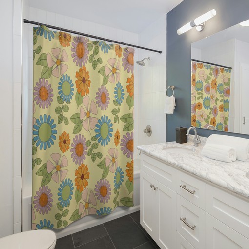 Hippie Inspired Retro Flower Shower Curtain, Tub Curtain with Vintage Bathroom Decor - Image 3