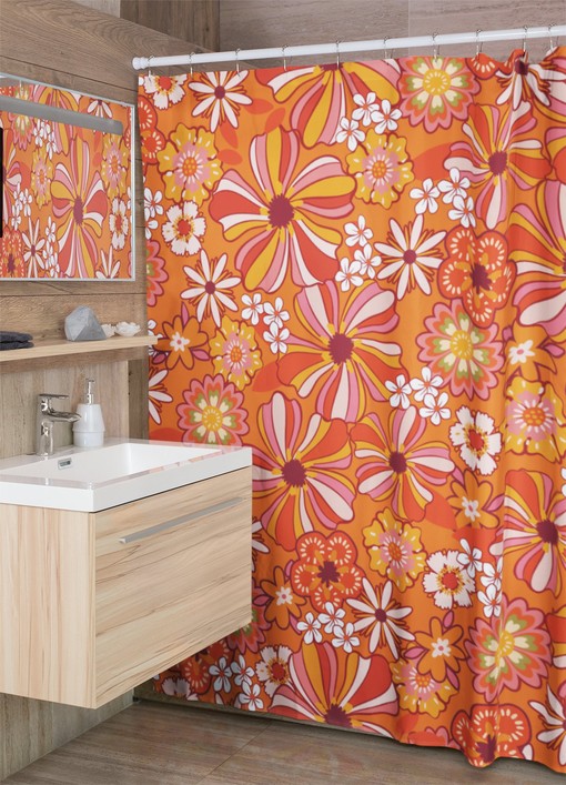 Hippie Inspired Retro Flower Shower Curtain, Vintage Bathroom Accessory with Boho Vibes