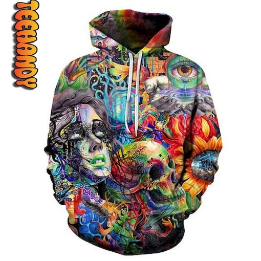 Hippie Skull 3D All-Over Print Hoodie in Various Colors