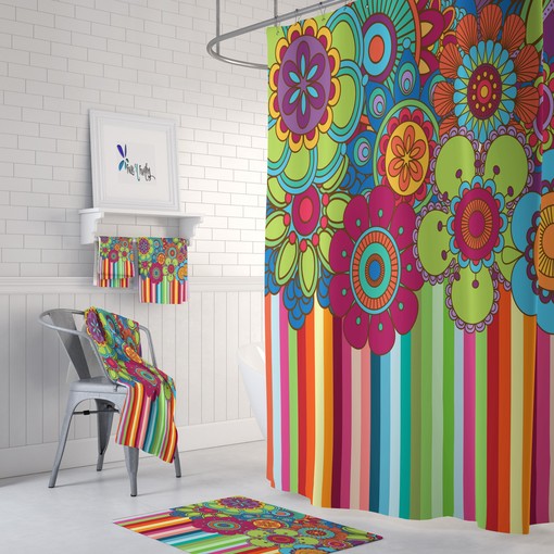 Hippie Vintage Flower Shower Curtain, Retro Bathroom Decor