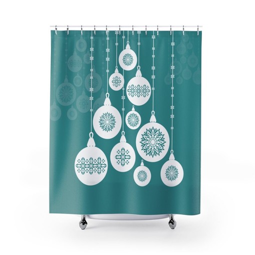 Holiday Christmas Ornament Tree Print Shower Curtain for Festive Bathroom Decor