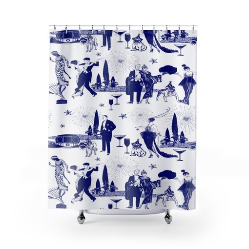 Hollywood Regency Toile Shower Curtain | Vintage Bathroom Shower Curtains | Old Hollywood Glam Bathroom Decor