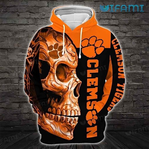Hoodie 3D All-Over Print Half Skull Face Gift for Clemson Tigers Fans