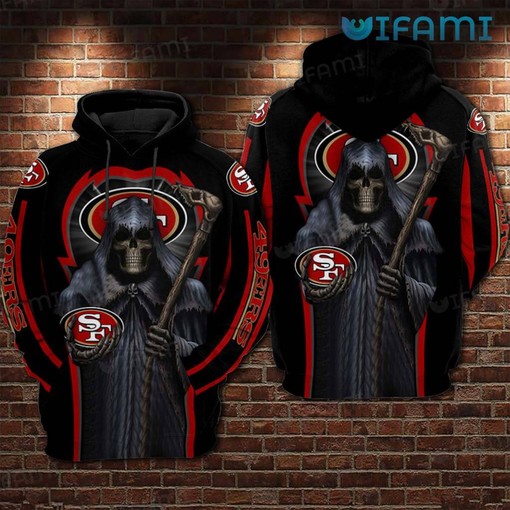 Hoodie with All Over Print Design for San Francisco 49ers Fans with Death Holding Logo