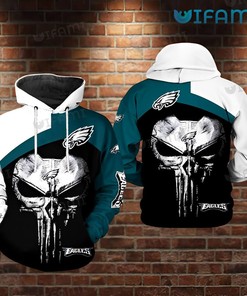 Hoodie with Punisher Skull and White and Green Logo All Over Print for Philadelphia Eagles Fans