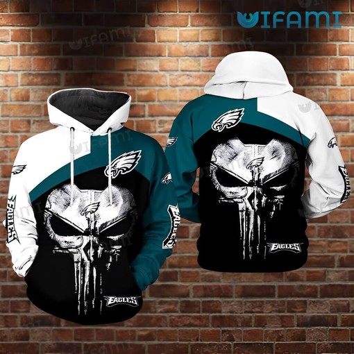 Hoodie with Punisher Skull and White and Green Logo All Over Print for Philadelphia Eagles Fans