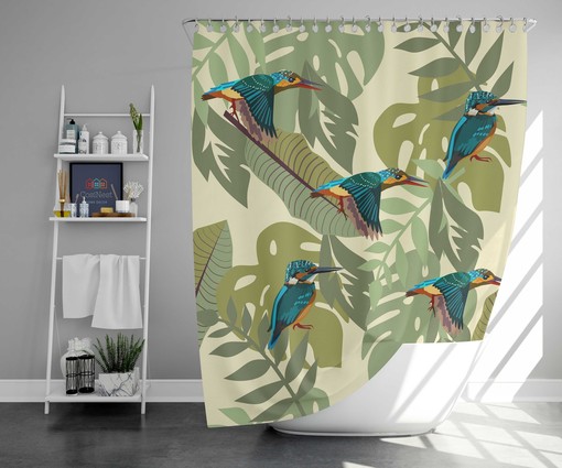 Hummingbird and Monstera Botanical Shower Curtain | Tropical Birds and Leaves Blue Bathroom Curtain