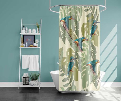 Hummingbird and Monstera Botanical Shower Curtain | Tropical Birds and Leaves Blue Bathroom Curtain - Image 2