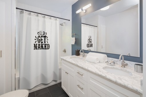 Humorous Get Naked Shower Curtain - Boho and Farmhouse Design with Funny Quote - Image 2
