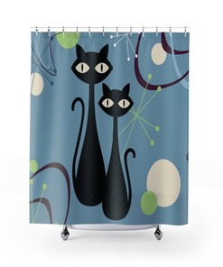 Indigo Blue Atomic Retro Black Cat Mid Century Modern Shower Curtain for a Hip and Modern Bathroom