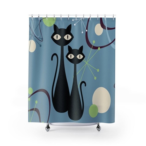Indigo Blue Atomic Retro Black Cat Mid Century Modern Shower Curtain for a Hip and Modern Bathroom