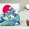 Indulge in a Japanese Themed Bathroom with Oceanic Waves and Red Moon Shower Curtain, Coastal Home Decor