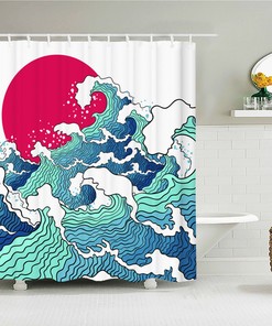 Indulge in a Japanese Themed Bathroom with Oceanic Waves and Red Moon Shower Curtain, Coastal Home Decor