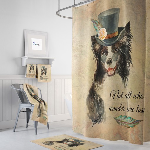 Industrial Steampunk Border Collie Shower Curtain with Matching Bath Accessories for Playful Bathroom Decor