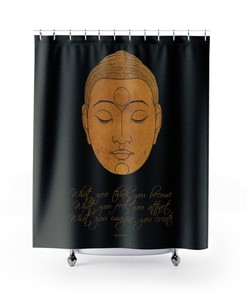 Inspirational Black Shower Curtain with Buddha Quote, Zen BoHo Bath Accessories, Home Decor Essential