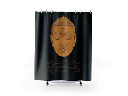 Inspirational Black Shower Curtain with Buddha Quote, Zen BoHo Bath Accessories, Home Decor Essential