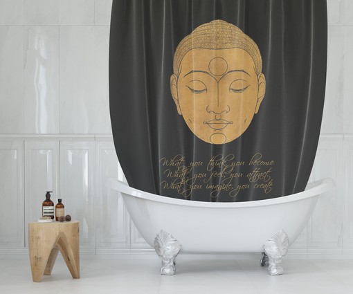 Inspirational Black Shower Curtain with Buddha Quote, Zen BoHo Bath Accessories, Home Decor Essential - Image 2