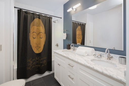Inspirational Black Shower Curtain with Buddha Quote, Zen BoHo Bath Accessories, Home Decor Essential - Image 4