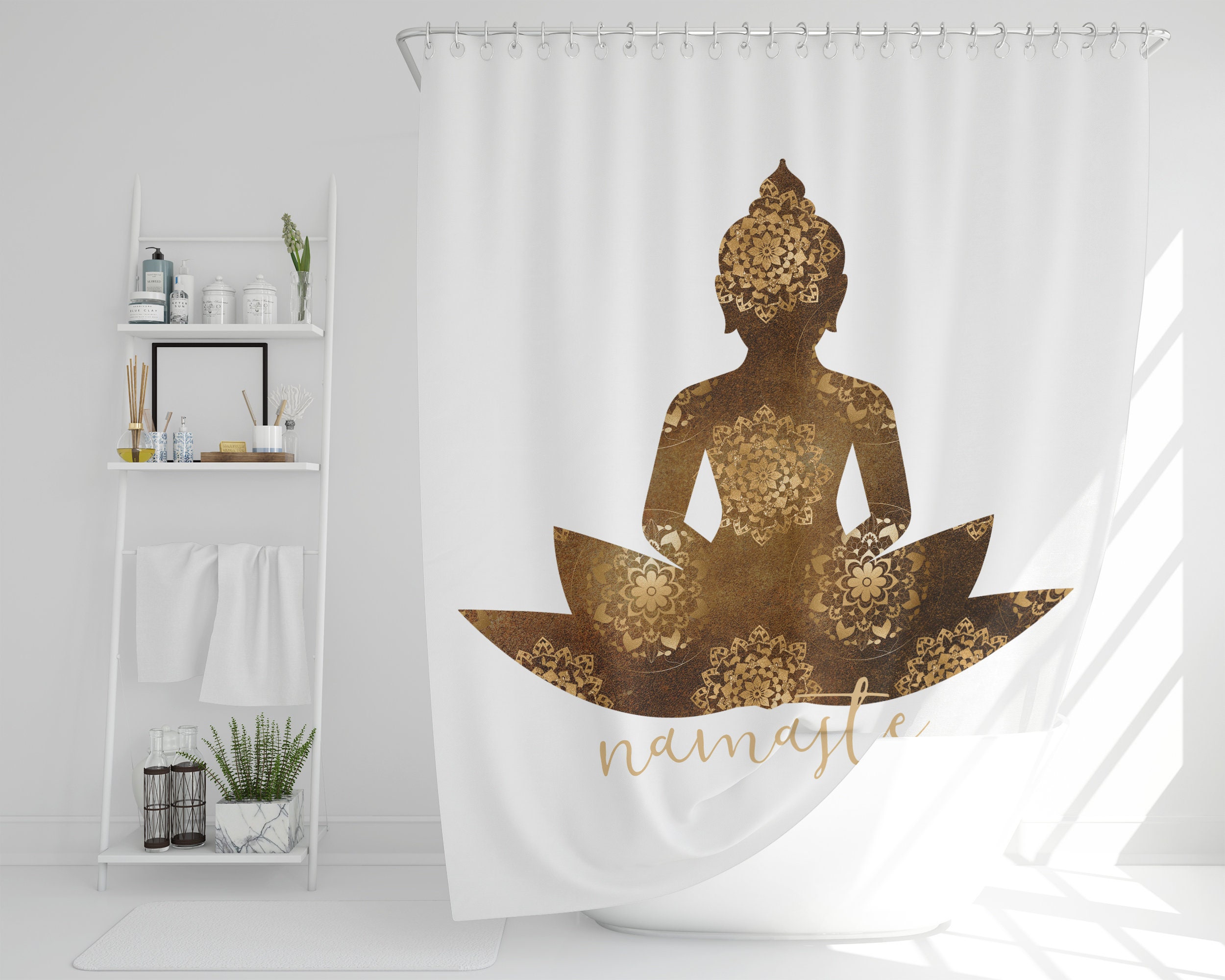 Inspirational Buddha Namaste Shower Curtain / Zen Bath Curtain / Meditating Buddha Printed Fabric Bathroom Accessories