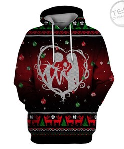 Jack Skellington and Sally Heart Christmas Pattern Red 3D Hoodie with Festive Design for Nightmare Before Christmas Fans